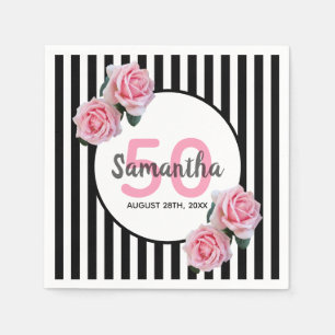50th birthday pink flowers black stripes name napkin