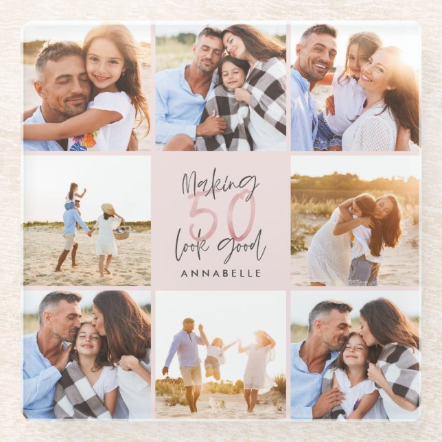 50th birthday pink girly glitter photo collage glass coaster (Front)