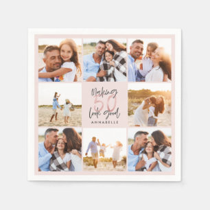 50th birthday pink girly glitter photo collage napkin