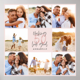 50th birthday pink girly glitter photo collage poster