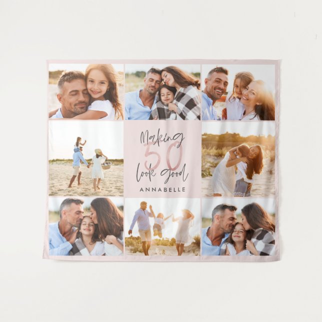 50th birthday pink girly glitter photo collage tapestry (Front (Horizontal))