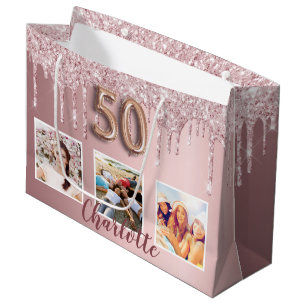 50th birthday pink glitter drips photo monogram  large gift bag