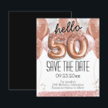 50th Birthday Pink Glitter Save the Date<br><div class="desc">hello 50 birthday party save the date pink glitter balloons. Save the date</div>