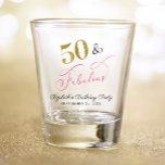 50th Birthday Pink Gold Party Favour Shot Glass<br><div class="desc">Elegant and chic 50th birthday party shot glass. "50 & Fabulous" is written in a a stylish gold,  pink and black script and you can personalise with her name and the party date.</div>