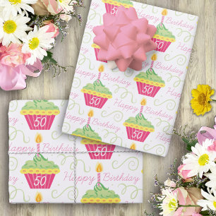 50th Birthday Pink Green Cupcakes Wrapping Paper Sheet