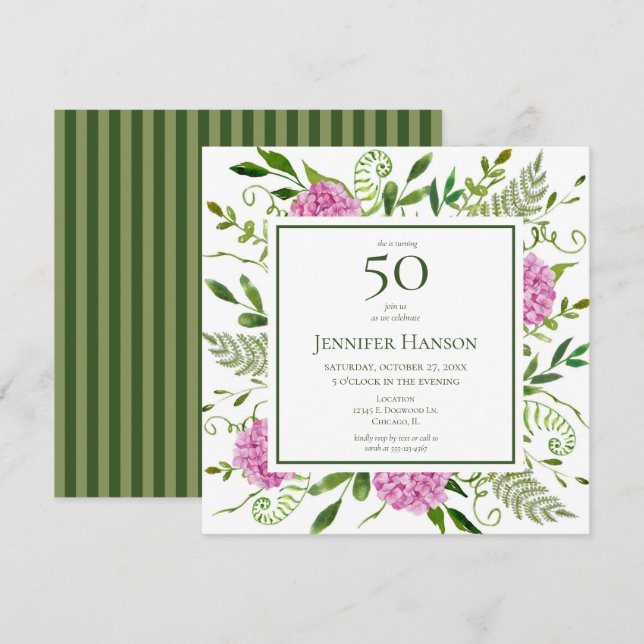 50th Birthday Pink Hydrangeas Invitation (Front/Back)