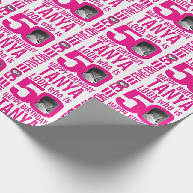 50th birthday pink look 50 custom photo and name wrapping paper (Corner)