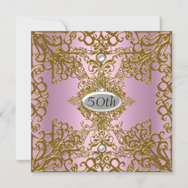 50th Birthday Pink Party Invitation Jewel Metalic (Front)