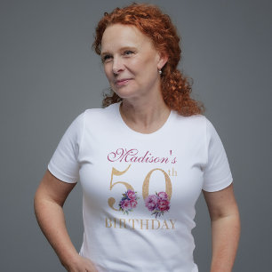 50th Birthday Pink Peonies Gold Glitter Custom T-Shirt