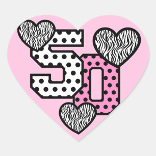 50th Birthday PINK POLKA DOTS and ZEBRA HEARTS V02 Heart Sticker