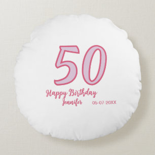 50th birthday pink purple bold name simple minimal round cushion