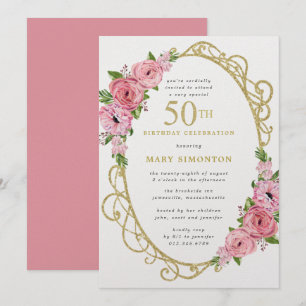 50th Birthday Pink Rose Floral Gold Invitation