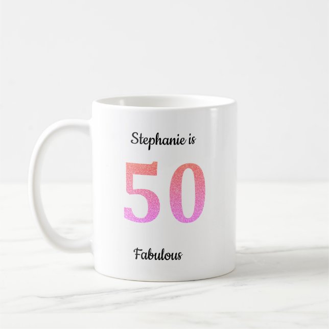 50th Birthday Pink Rose Gold Glitter Name Gift Coffee Mug (Left)