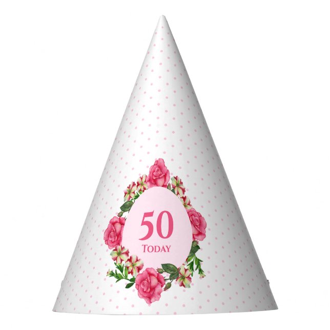 50th Birthday Pink Rose Red White Petunias Polka Party Hat (Front)
