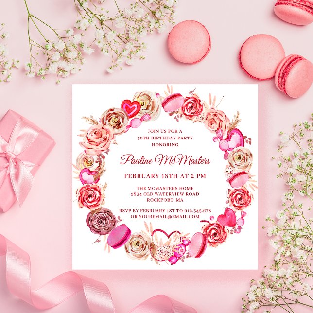 50th Birthday Pink Rose Swirly Heart Valentine Invitation (Creator Uploaded)