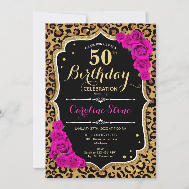 50th Birthday - Pink Roses Leopard Print Invitation (Front)