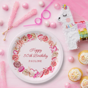 50th Birthday Pink Roses Swirly Heart Paper Plate