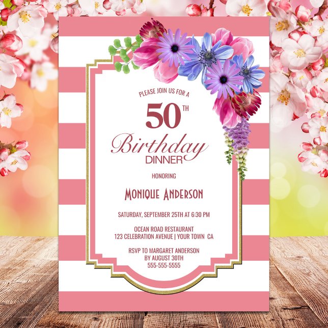 50th Birthday Pink Striped Purple Floral Party Invitation (Creator Uploaded)