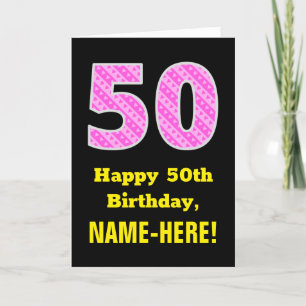 50th Birthday: Pink Stripes and Hearts "50" + Name Card