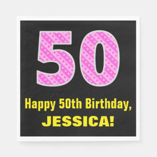 50th Birthday: Pink Stripes and Hearts "50" + Name Napkin