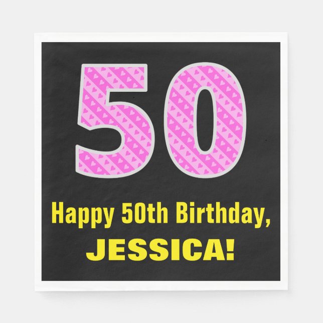 50th Birthday: Pink Stripes and Hearts "50" + Name Napkin (Front)