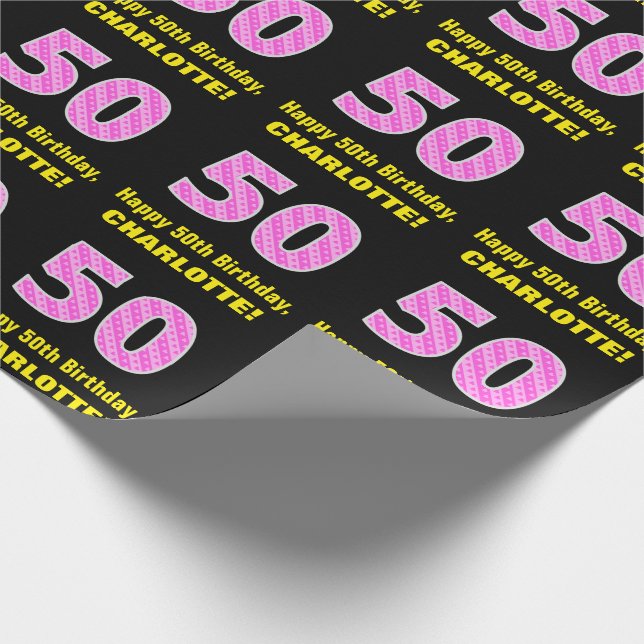 50th Birthday: Pink Stripes and Hearts "50" + Name Wrapping Paper (Corner)