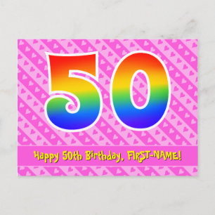 50th Birthday: Pink Stripes & Hearts, Rainbow 50 Postcard