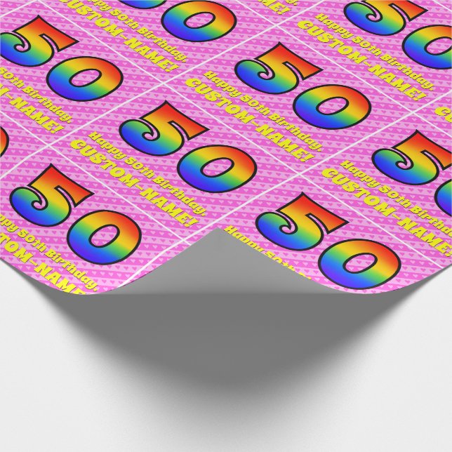 50th Birthday: Pink Stripes & Hearts, Rainbow # 50 Wrapping Paper (Corner)