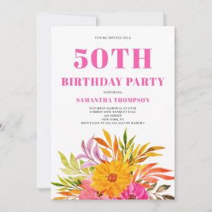 50th Birthday Pink Tropical Floral Invitation