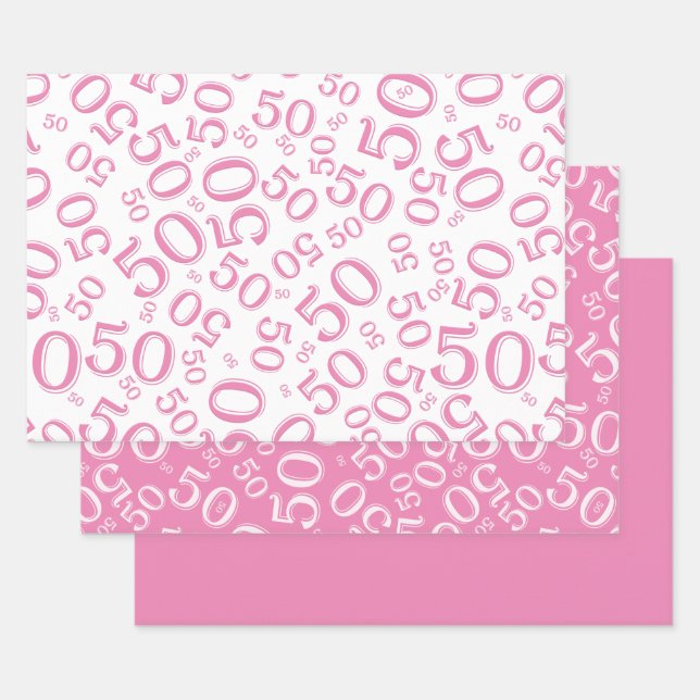 50th Birthday Pink & White Random Number Pattern Wrapping Paper Sheet (Set)