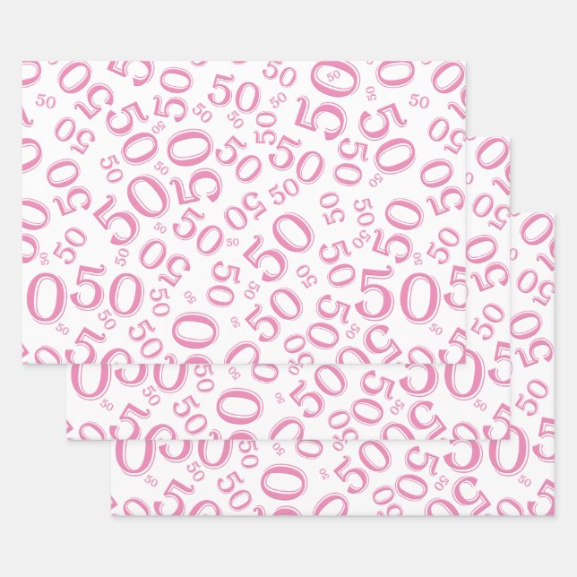 50th Birthday Pink & White Random Number Pattern Wrapping Paper Sheet (Set)