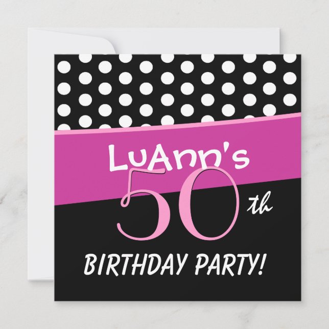50th Birthday Pink White Red Polka Dots D422 Invitation (Front)