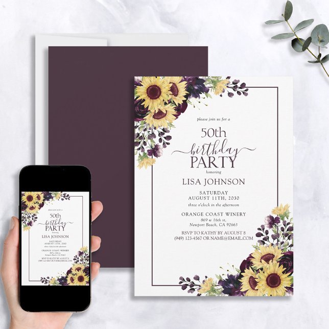 50th Birthday Plum Purple Sunflower Watercolor Invitation (Creator Uploaded)