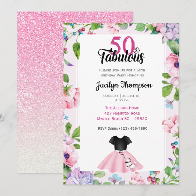 50th Birthday Poodle Skirt-Fabulous 50s Glitter Invitation (Front/Back)