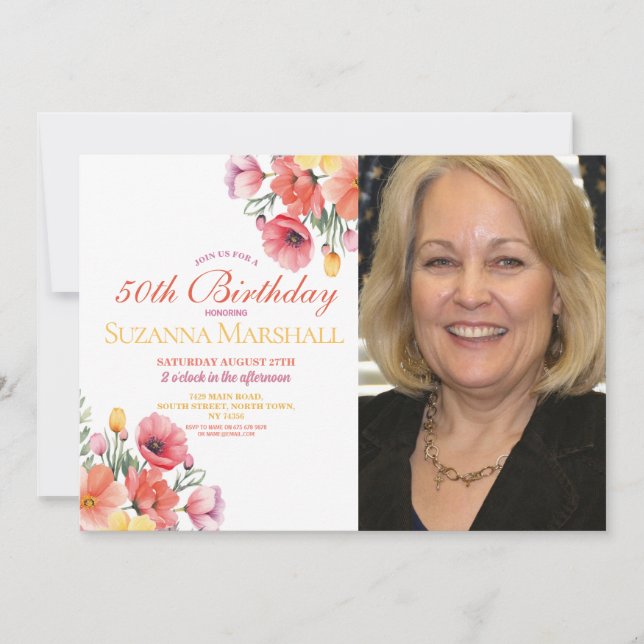 50th Birthday Poppy Spring Floral Photo  Invitation (Front)