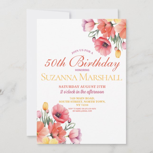 50th Birthday Poppy Spring Floral Summer  Invitation (Front)