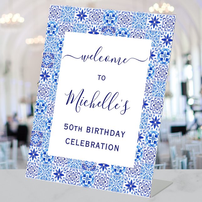 50th Birthday Portuguese Tiles Welcome Pedestal Sign (Creator Uploaded)