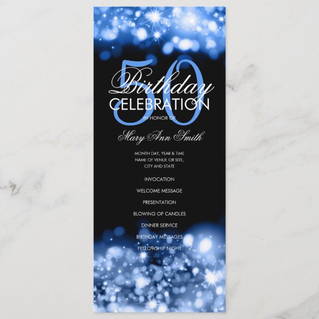 50th Birthday Program Glam Lights Navy w/ Menu (Front)