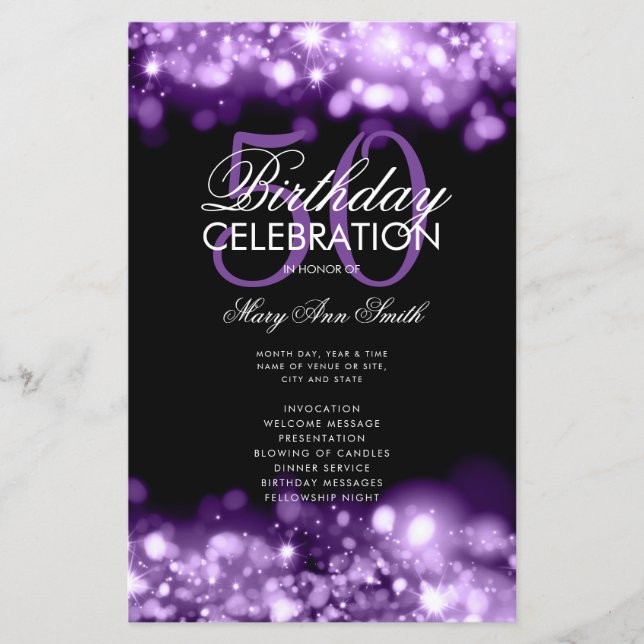 50th Birthday Program Glam Lights Purple w/ Menu (Front)
