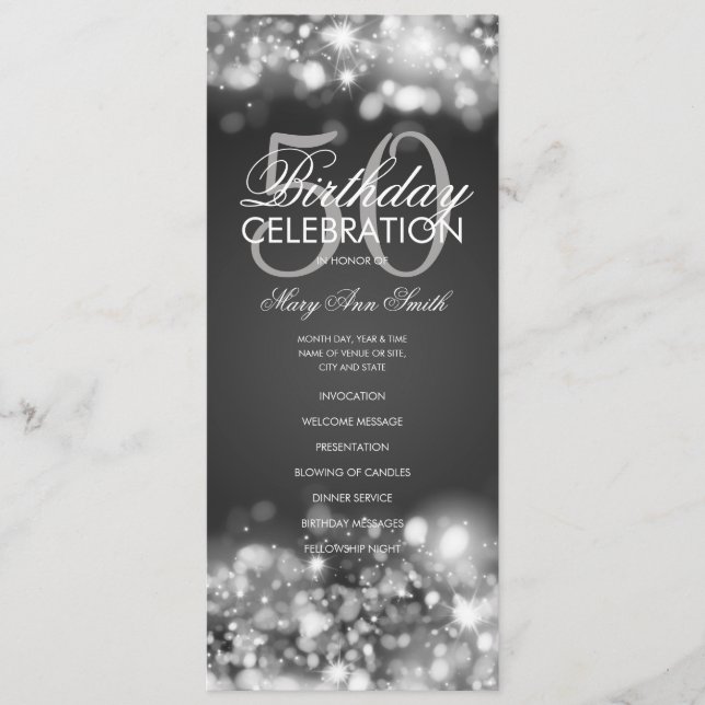 50th Birthday Program Glam Lights Silver w/ Menu (Front)