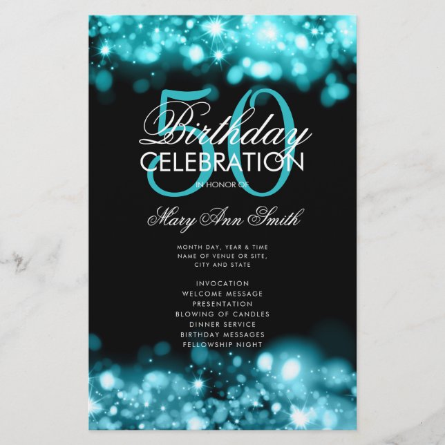 50th Birthday Program Glam Lights Teal Menu (Front)