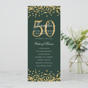 50th Birthday Program Gold Confetti Menu Green Invitation