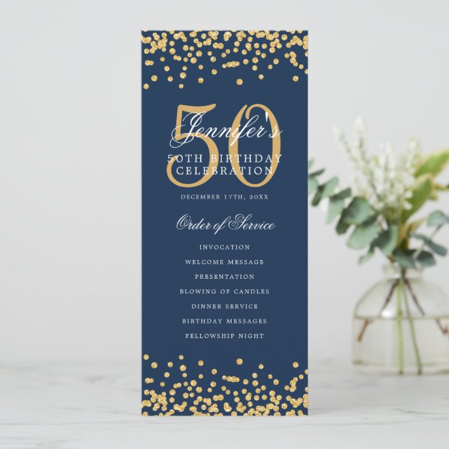 50th Birthday Program Gold Confetti Menu Navy Blue Invitation (Standing Front)