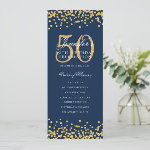 50th Birthday Program Gold Confetti Menu Navy Blue Invitation