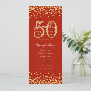 50th Birthday Program Gold Confetti Menu Red Invitation