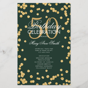 50th Birthday Program Gold Glitter w/ Menu Emerald