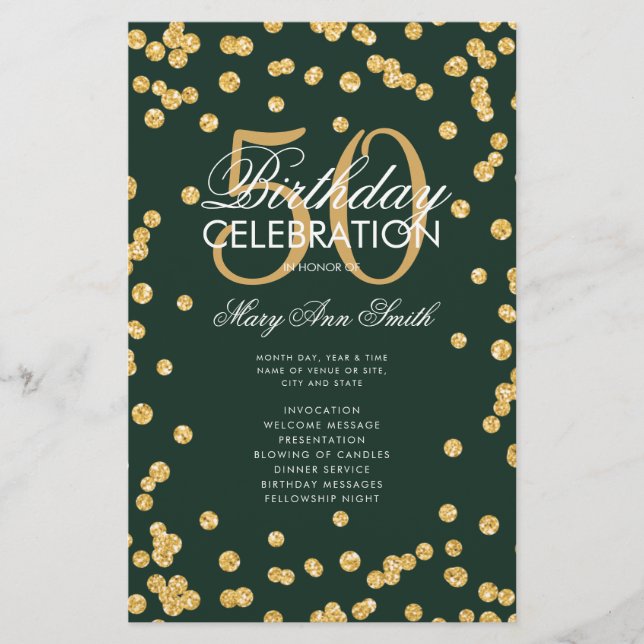 50th Birthday Program Gold Glitter w/ Menu Emerald (Front)