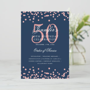 50th Birthday Program Menu Rose Gold Navy Blue Invitation