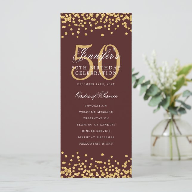 50th Birthday Program Menu Thank U Gold Burgundy  Invitation (Standing Front)