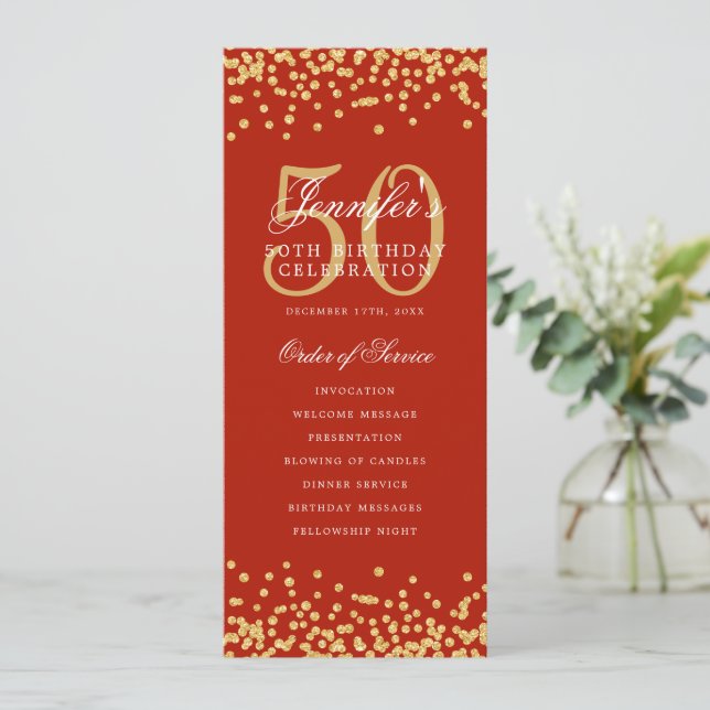 50th Birthday Program Menu Thank U Gold Red  Invitation (Standing Front)